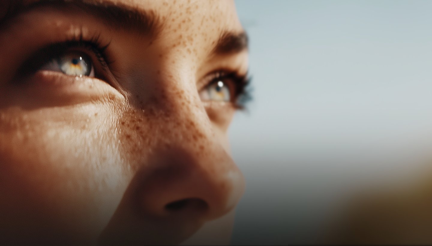 Close-up portrait with warm tones — three-panel triptych from sharp to soft focus